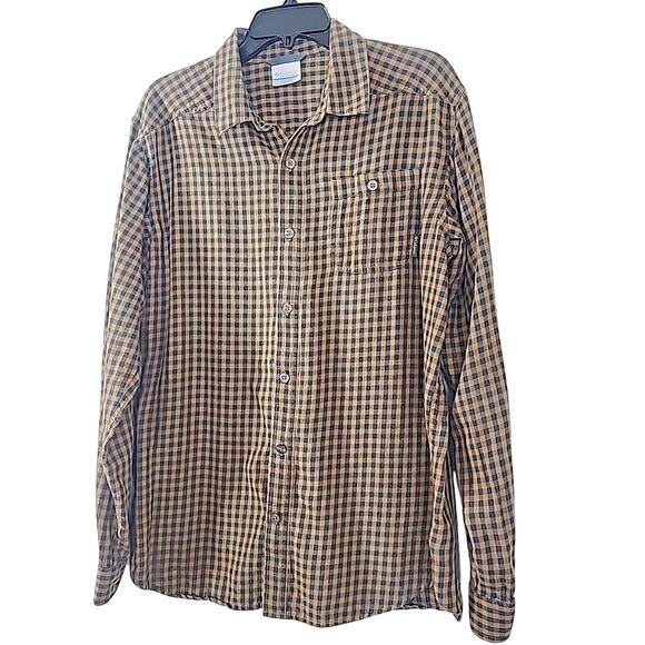 Columbia Men’s Flannel Shirt Medium Brown Navy Plaid Long Sleeve Button Up Soft - Picture 2 of 8